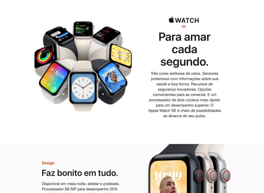 Apple Watch SE GPS • Caixa estelar de alumínio – 40 mm • Pulseira esportiva estela 2 Watch SE BR desktop 01. CB610848216
