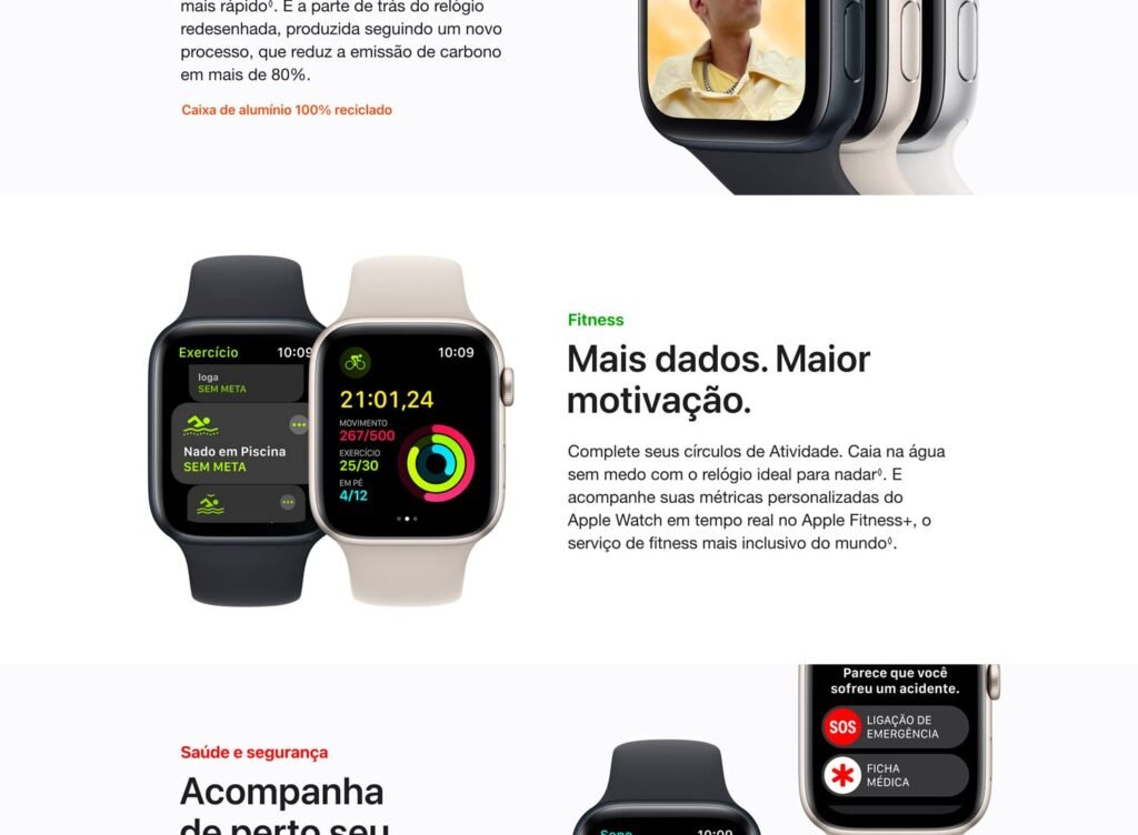 Apple Watch SE GPS • Caixa estelar de alumínio – 40 mm • Pulseira esportiva estela 3 Watch SE BR desktop 02. CB610848216