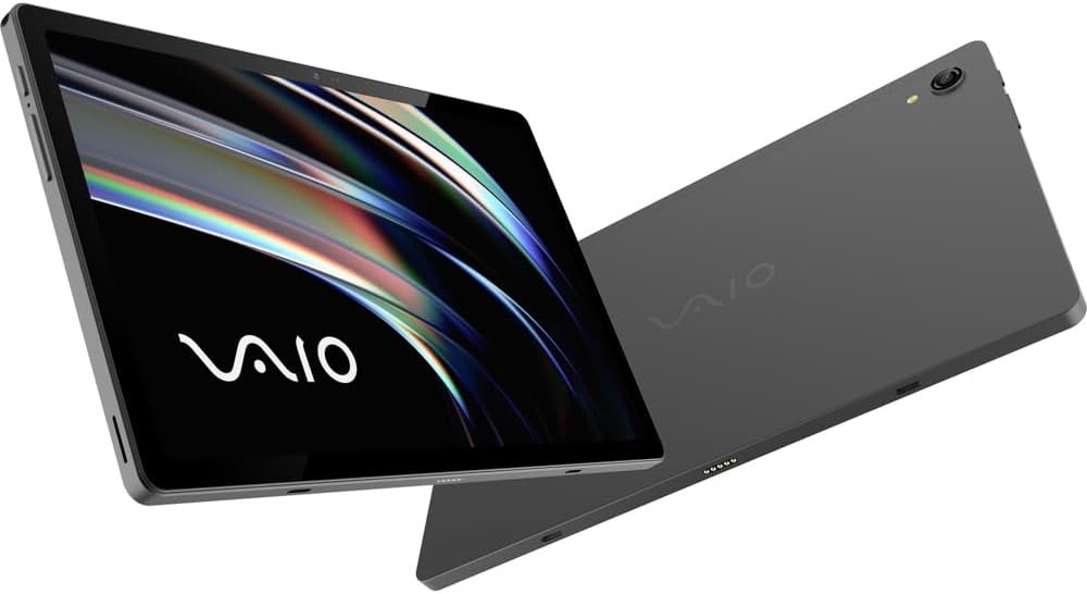A sleek and modern tablet device with a vibrant VAIO logo prominently displayed on its metallic chassis. The screen is turned on, showcasing a clean and intuitive user interface. The tablet is positioned on a clean, minimalist surface, bathed in warm, directional lighting that accentuates its elegant design. The background is a simple, neutral color palette that allows the tablet to be the focal point. The overall composition conveys a sense of sophistication and functionality, befitting the introduction of this state-of-the-art VAIO TL10 tablet. 51Phppql45L. AC SL1000