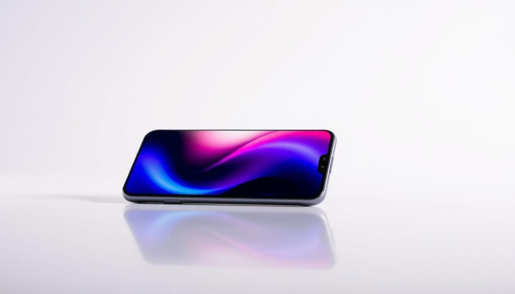 A Samsung Galaxy M15 smartphone, captured in a clean, well-lit studio setting. The device is positioned prominently in the center of the frame, showcasing its sleek design and elegant curves. The screen displays a vibrant, colorful interface, hinting at the phone's advanced capabilities. The background is a soft, neutral tone, allowing the smartphone to be the focal point. Subtle reflections on the surface create a sense of depth and sophistication. The lighting is carefully balanced, creating subtle shadows and highlights that accentuate the device's premium aesthetic. The angle is slightly elevated, providing a dynamic and engaging perspective.