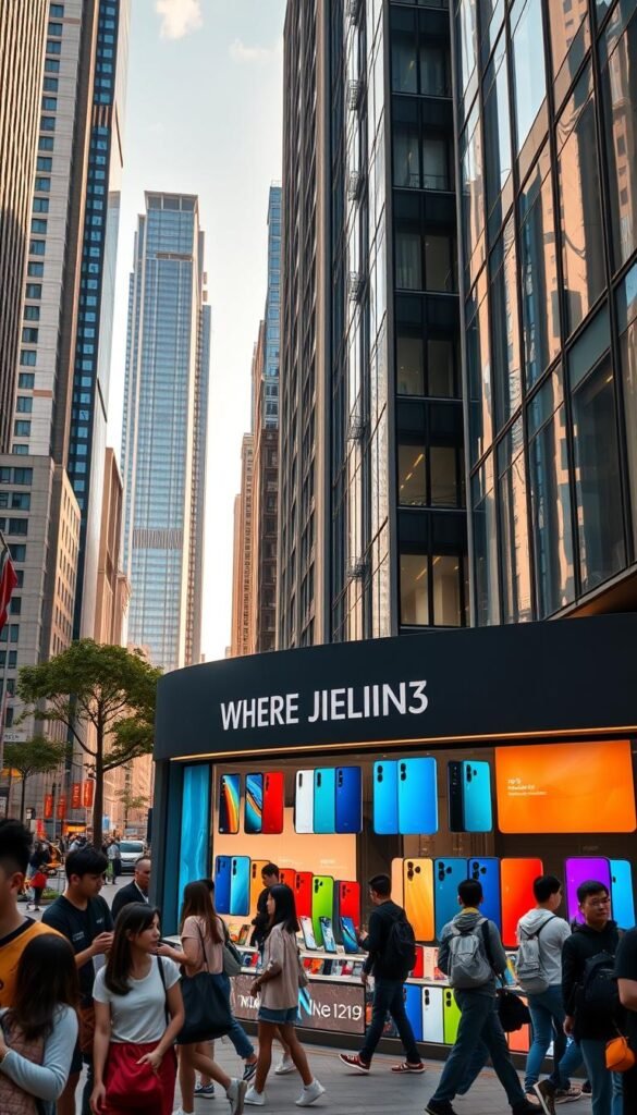 A bustling city street, with modern high-rise buildings in the background. In the foreground, a large storefront displays a variety of Xiaomi Redmi Note 13 smartphones, their sleek designs and vibrant color options prominently showcased. Passersby stop to admire the products, some entering the store to inquire about pricing and availability. Warm, natural lighting illuminates the scene, creating a welcoming atmosphere. The overall composition conveys a sense of excitement and accessibility, enticing potential buyers to discover where they can purchase the latest Xiaomi Redmi Note 13.