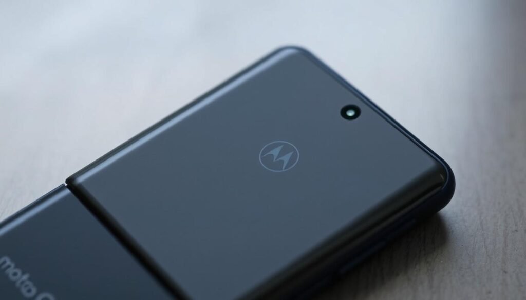 A close-up shot of the Motorola Moto G24's battery, showcasing its sleek, modern design and high-capacity cell. Crisp lighting illuminates the battery's metallic accents, highlighting its premium construction. The battery is positioned against a subtly blurred background, allowing the device's key technical details to take center stage. The image conveys a sense of power and efficiency, visually representing the battery's reliable performance and fast charging capabilities.
