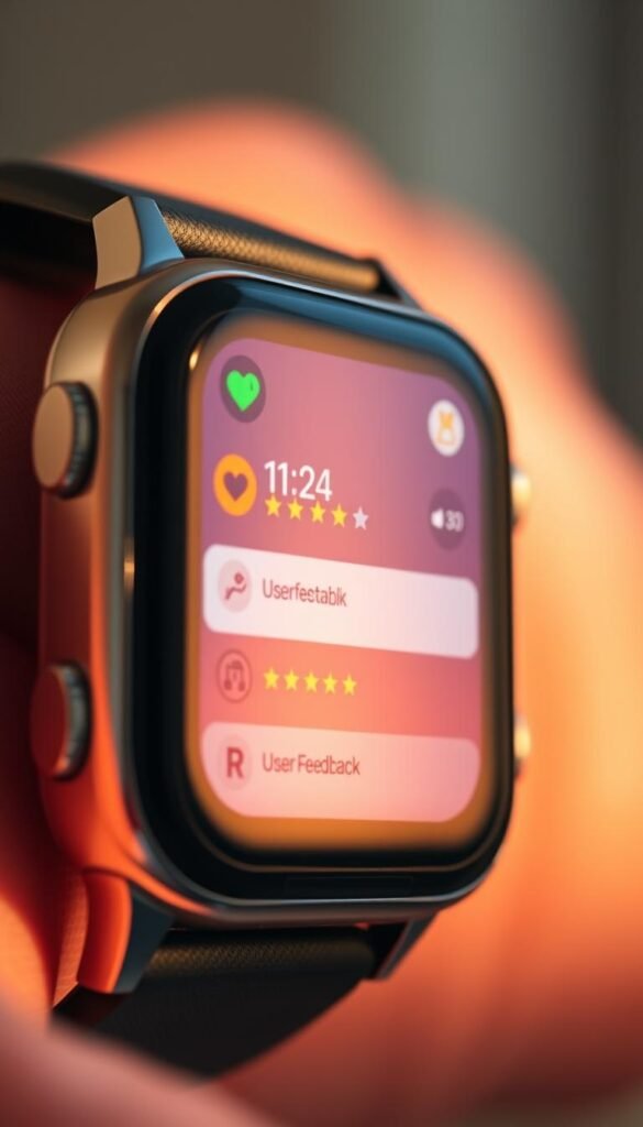 A close-up view of a stylish smartwatch with a vibrant, high-resolution display. The watch face showcases user feedback and reviews, with numerical ratings and star icons providing an engaging visual representation of the product's performance. The watch is framed against a softly blurred background, allowing the user feedback information to take center stage. The lighting is warm and natural, creating a sense of approachability and trustworthiness. The overall composition highlights the importance of user reviews in the decision-making process for this particular smartwatch model.