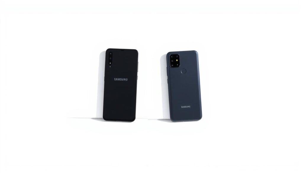 A comparison of the sleek Samsung Galaxy A34 and the budget-friendly Moto E22 smartphones, set against a crisp white background. The phones are positioned side-by-side, their distinctive designs and features prominently displayed. Soft shadows cast beneath them, creating depth and dimensionality. The lighting is natural and evenly distributed, highlighting the devices' key details and materials. The overall mood is clean, modern, and inviting, inviting the viewer to explore the nuances between these two contrasting mobile options.