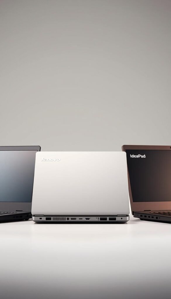 A comparison of three Lenovo IdeaPad laptops, showcased in a clean, well-lit studio setting. The IdeaPads are arranged side by side, their sleek metallic bodies gleaming under warm, directional lighting. The middle device is the focal point, with the others flanking it at slight angles to create depth and emphasize the subtle differences in design, screen size, and port configurations. The background is a soft gray gradient, allowing the laptops to stand out prominently. The image conveys a sense of thoughtful, analytical comparison, inviting the viewer to closely examine the nuances between the IdeaPad models.