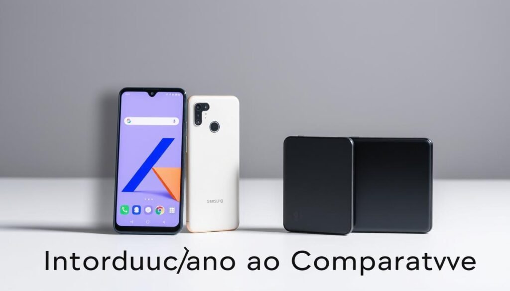 A comparison of two smartphones, the Samsung Galaxy A06 and the Moto E32, displayed in a clean, minimalist composition. The devices are shown from multiple angles, highlighting their physical features and design elements. The lighting is soft and diffused, creating a professional, editorial-style atmosphere. The background is a muted, neutral tone, allowing the smartphones to take center stage. The overall mood is one of thoughtful, considered evaluation, reflecting the "Introdução ao Comparativo" section of the article.