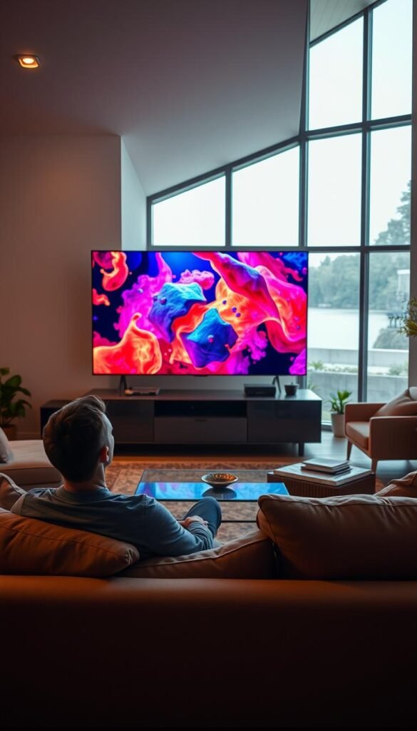 A cozy living room scene, illuminated by soft, warm lighting. In the foreground, a person sits comfortably on a plush sofa, immersed in the vibrant display of a Semp Crystal UHD television. The television screen commands attention, showcasing vivid, lifelike 4K imagery that immerses the viewer in the content. The middle ground features sleek, modern furniture and decor, complementing the premium quality of the Semp display. In the background, a large window offers a serene, natural view, creating a sense of harmony and relaxation. The overall atmosphere exudes a sense of personal, intimate experience with the Semp Crystal UHD, where the viewer can truly appreciate the exceptional visual quality and immersive viewing experience.
