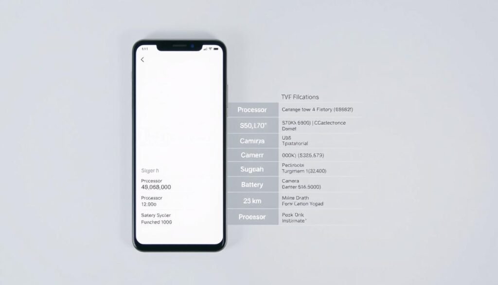 A detailed comparison of smartphone specifications, presented with a clean, minimalist aesthetic. In the foreground, two flagship smartphones are displayed side-by-side, their screens illuminated with a soft, even lighting that highlights their sleek, modern designs. The middle ground features a subtle grid-like layout, showcasing key technical details such as processor, camera, and battery specifications in a clear, data-driven manner. The background is a neutral, calming tone that allows the focal points to stand out without distractions. The overall composition conveys a sense of professional, informative analysis, suitable for an article on smartphone differences.