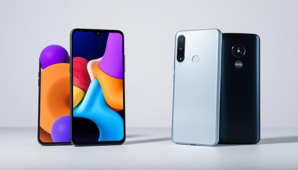 A detailed comparison of the Samsung Galaxy A25 and Moto E32 smartphones, showcased against a clean, minimalist backdrop. The devices are positioned side-by-side, highlighting their distinct designs and form factors. Subtle yet powerful studio lighting accentuates the sleek, modern aesthetics of the phones, allowing their key specifications and features to shine. The image conveys a sense of technological sophistication, inviting the viewer to closely examine and appreciate the nuanced differences between these two popular budget-friendly mobile devices.