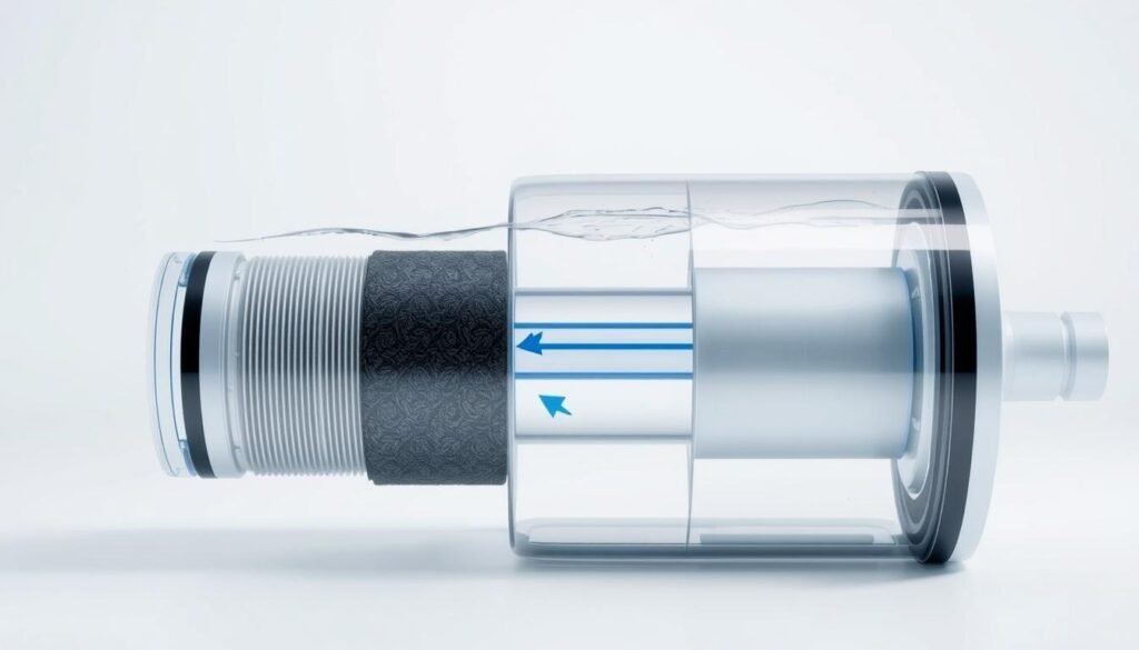 A detailed cross-section of a water purifier's filtration technology, showcasing the various filter layers and their functions. The foreground features a transparent housing revealing the internal components, including a sediment filter, activated carbon filter, and a reverse osmosis membrane. The middle ground highlights the water flow path, with arrows indicating the purification process. The background depicts a clean, minimalist environment, emphasizing the technical precision and efficiency of the filtration system. The lighting is soft and diffused, creating a sense of clarity and attention to detail. The overall composition conveys the advanced, high-performance nature of the water purification technology.