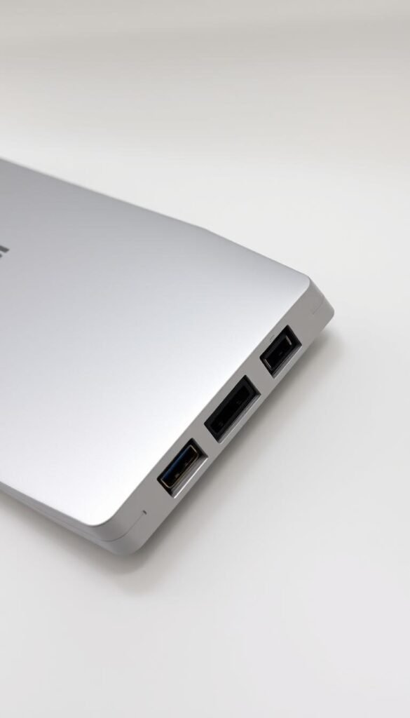 A detailed, high-quality photograph of the connectivity options on the ASUS VivoBook 15 OLED laptop. A clean, well-lit, angled view showcasing the ports and connectors on the left and right sides of the device, including USB-A, USB-C, HDMI, audio jack, and power port. The image should convey a sense of premium design and attention to detail, highlighting the functionality and versatility of the laptop's connectivity features. Emphasis on the clean, sleek aesthetic of the VivoBook 15 OLED with a neutral, professional tone.