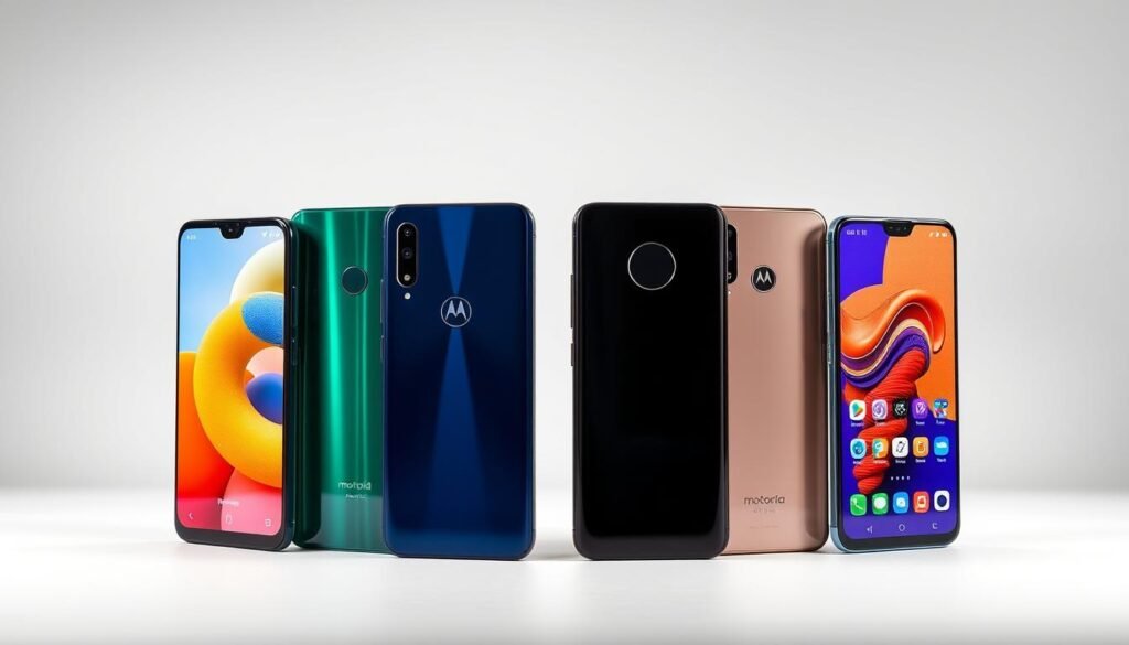 A detailed, high-quality side-by-side comparison of the Motorola Moto G24 smartphone against other leading models in its class. Captured in a clean, professional studio setting with natural lighting and a plain white backdrop, allowing the phones to take center stage. Meticulously framed to showcase the design, displays, and key features of each device from multiple angles. The overall mood is objective and informative, inviting the viewer to closely examine and evaluate the relative strengths and weaknesses of the Moto G24 versus its competitors.