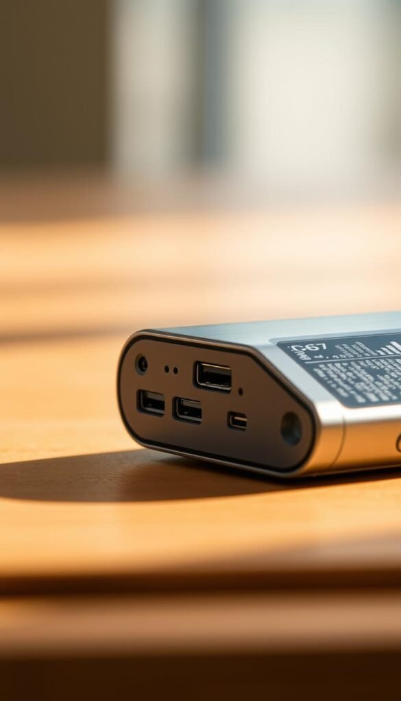 A detailed, high-resolution close-up photograph of the "Realme C67" smartphone battery, showcasing its design, ports, and technical specifications. The battery is positioned prominently in the foreground, with a soft, diffused lighting that accentuates its metallic casing and intricate circuitry. The background is slightly blurred, creating a sense of depth and focus on the battery. The lighting is natural and warm, giving the image a premium, professional feel. The angle is slightly elevated, providing a clear, unobstructed view of the battery's form and details.
