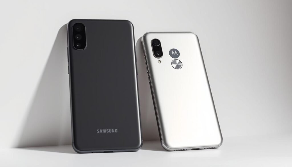 A detailed, meticulously-lit studio shot of two modern smartphones side-by-side - a sleek Samsung Galaxy A15 in a dark, metallic gray color, and a Moto E22 in a lighter, soft-touch silver hue. The smartphones are placed on a minimalist white backdrop, casting subtle shadows that accentuate their forms. The lighting is even and directional, creating a sense of depth and emphasizing the textures and materials of the devices. The perspective is straight-on, allowing the viewer to clearly compare the physical designs, screen sizes, and other distinguishing characteristics of the two handsets.