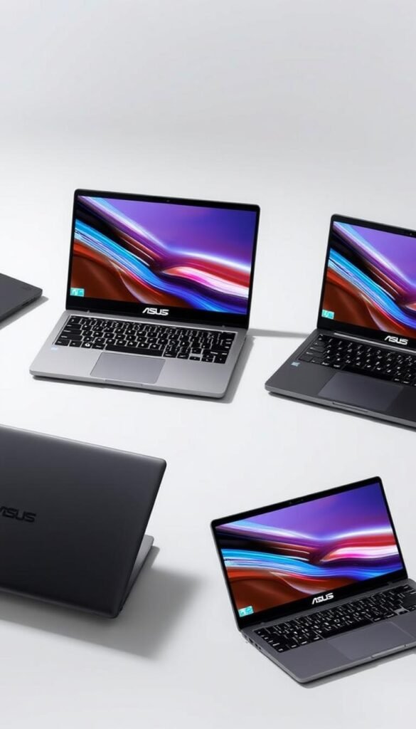 A detailed product comparison of ASUS VivoBook laptops, showcasing the evolution from previous models. A sleek and modern arrangement of three VivoBook devices, positioned at different angles to highlight their distinctive designs and features. Brilliant OLED displays, slim profiles, and updated hardware components are emphasized through precise lighting and depth-of-field, creating a high-quality, professional-looking product shot. The overall atmosphere conveys a sense of technological advancement and refined aesthetics, complementing the "Comparativa com Modelos Anteriores" section of the article.