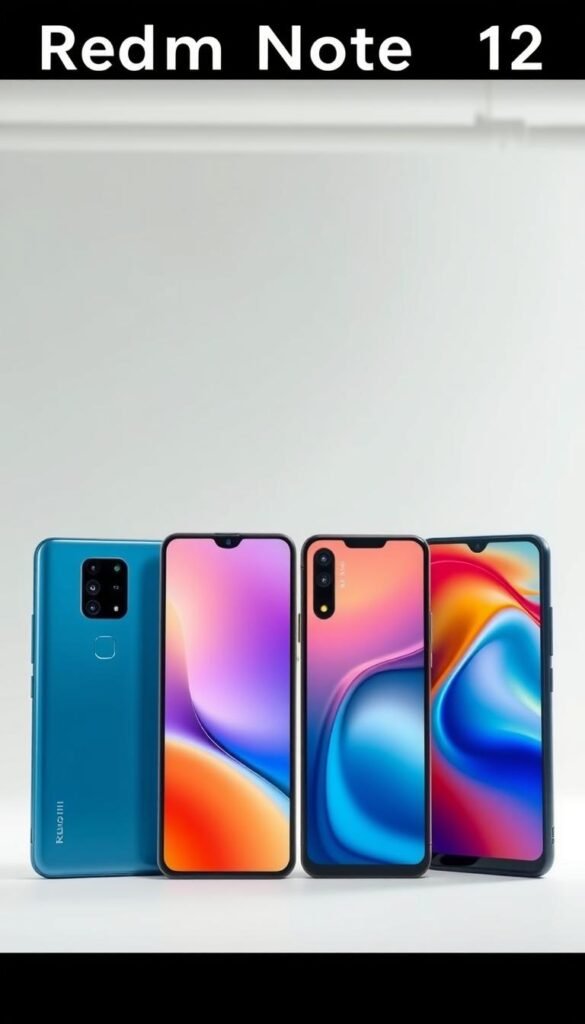 A detailed product comparison showcasing the Xiaomi Redmi Note 12 against its siblings. The scene is set in a well-lit studio with a minimalist white backdrop, allowing the devices to take center stage. The products are positioned side by side, their sleek designs and vibrant displays highlighted by crisp studio lighting. The angle captures the devices at a slight three-quarter view, emphasizing their form factors and subtle design differences. The lighting is soft and diffused, creating a professional, high-quality appearance suitable for a product review article. The overall mood is one of careful consideration and technical analysis, inviting the viewer to closely examine the nuances between the Xiaomi models.