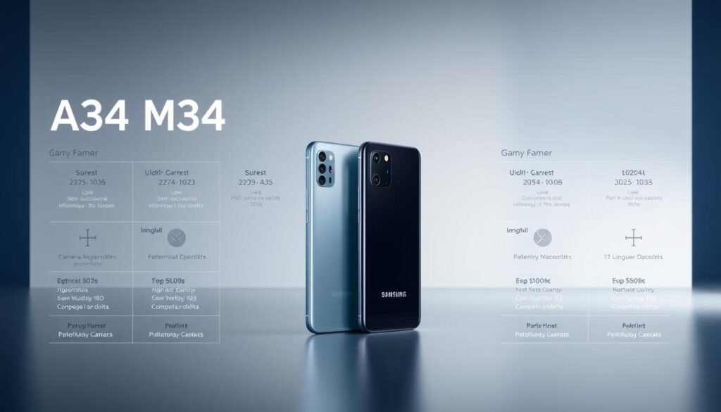 A detailed side-by-side comparison of the Samsung A34 and M54 smartphones. The foreground features the two phones positioned next to each other, showcasing their distinct designs and features. The middle ground highlights technical specifications, camera capabilities, and performance metrics in a clean, infographic-style layout. The background is a minimalist, product-focused environment with subtle gradients and reflections, conveying a sense of sophistication. The lighting is soft and directional, casting subtle shadows to accentuate the phones' forms. The overall mood is informative and visually appealing, reflecting the comparative nature of the content.