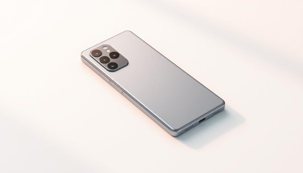 A detailed, sleek design of the Samsung Galaxy S24 smartphone, showcased on a clean, minimalist background. The device is presented at a slight angle, highlighting its premium metal and glass construction, with a focus on the rear camera module and the edge-to-edge display. Soft, warm lighting casts subtle shadows, emphasizing the smooth curves and metallic accents. The overall composition exudes a sense of sophistication and technological innovation, reflective of the device's advanced features and capabilities.