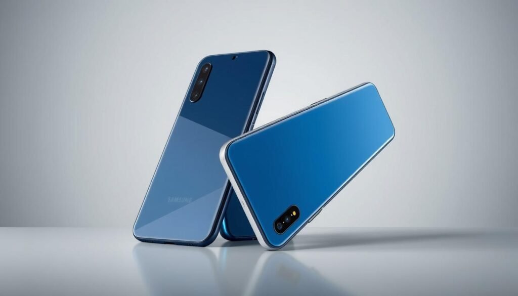 A gleaming Samsung A34 and M54 smartphones side by side, their sleek glass and metal bodies reflecting the soft, diffused lighting of a professional photoshoot. The devices are angled to showcase their elegant, minimalist designs, with clean lines and subtle curves. The A34 has a matte finish in a deep, sophisticated blue, while the M54 shimmers in a lustrous, pearl-like white. Carefully placed shadows and highlights accentuate the devices' premium construction and premium materials. The background is a seamless, neutral gray that allows the smartphones to take center stage, emphasizing their refined, high-quality aesthetic.