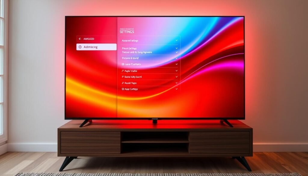 A high-end Philips 50-inch 4K Smart TV with Ambilight technology, displayed on a modern, minimalist wooden TV stand. The TV's advanced settings menu is open, revealing customizable options for picture, sound, and Ambilight configurations. The screen displays a sleek, intuitive user interface with clean lines and vibrant colors. The room is well-lit with a combination of natural and warm artificial lighting, creating a cozy and inviting atmosphere. The overall scene conveys a sense of modern, high-tech home entertainment and effortless usability. A high-end Philips 50-inch 4K Smart TV with Ambilight technology, displayed on a modern, minimalist wooden TV stand. The TV's advanced settings menu is open, revealing customizable options for picture, sound, and Ambilight configurations. The screen displays a sleek, intuitive user interface with clean lines and vibrant colors. The room is well-lit with a combination of natural and warm artificial lighting, creating a cozy and inviting atmosphere. The overall scene conveys a sense of modern, high-tech home entertainment and effortless usability.