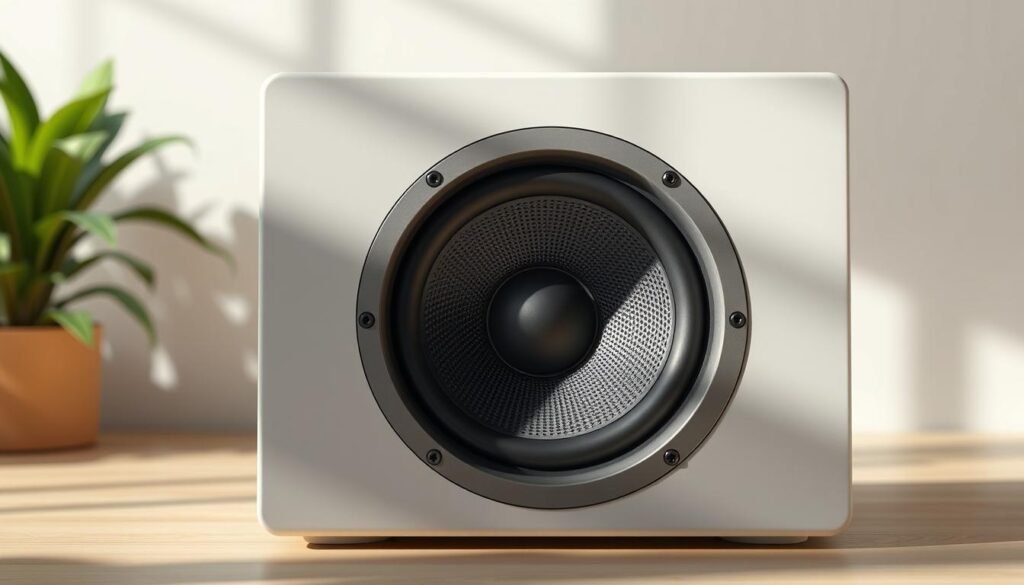 A high-fidelity, detailed rendering of the Edifier R1000T4 speaker enclosure, captured in a soft, natural lighting setup. The enclosure is presented in a front-facing angle, showcasing its sleek, minimalist design with a smooth matte finish. The textured surface of the speaker driver and the intricate perforated grille pattern are rendered with precision, hinting at the sound quality. The overall composition emphasizes the technical prowess and acoustic capabilities of this audio equipment, creating a sense of anticipation for the "Desempenho Sonoro" performance analysis.