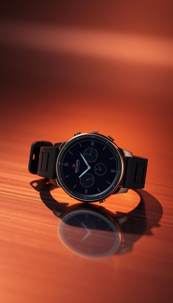 A high-performance Amazfit Bip 5 smartwatch displayed on a sleek, brushed metal surface, bathed in warm, studio lighting. The device's display is crisp and vibrant, showcasing its responsive touchscreen interface. The watch face features a minimalist, modern design with subtle accents that hint at its advanced fitness tracking capabilities. The device's durable casing and premium band materials convey a sense of quality and durability. The overall composition emphasizes the Bip 5's refined aesthetic and cutting-edge technology, suggesting its suitability for an active, stylish lifestyle.