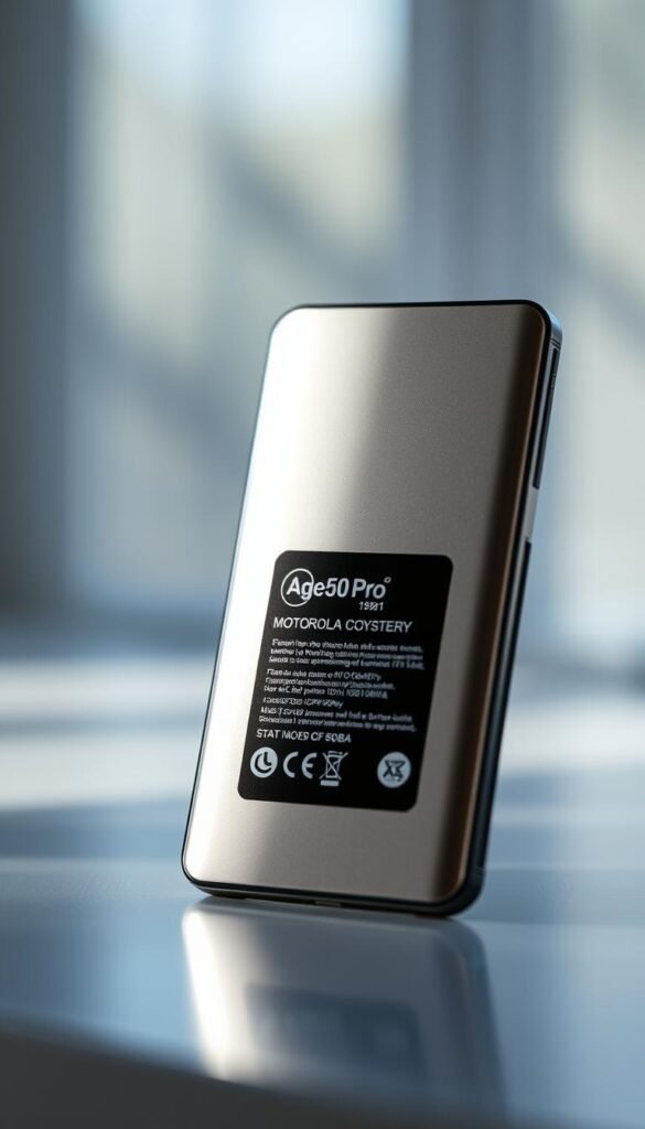 A high-quality close-up shot of the Motorola Edge 50 Pro battery, illuminated by soft, diffused natural lighting. The battery is prominently displayed in the foreground, its sleek, metallic casing reflecting the light. The background is blurred, creating a sense of depth and focus on the battery. The image conveys a premium, high-tech aesthetic, showcasing the battery's technical specifications and design elements. The lighting and composition emphasize the battery's capacity, efficiency, and importance as a key component of the Motorola Edge 50 Pro smartphone.