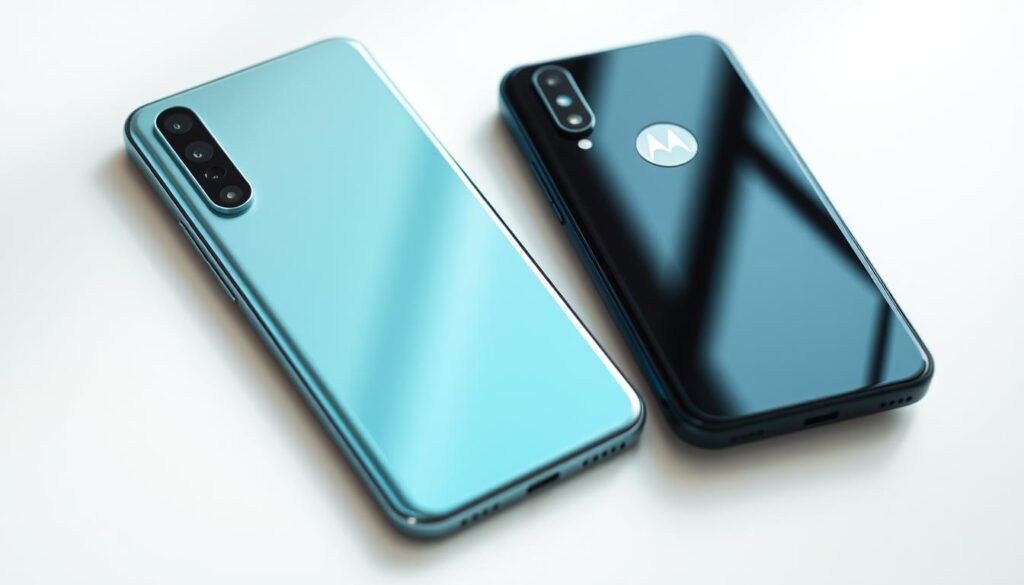 A high-quality close-up shot of two premium smartphone designs, featuring a sleek and stylish Samsung Galaxy M34 and a modern Moto E22. The phones are positioned side-by-side on a clean, minimalist white surface, illuminated by soft, directional lighting that accentuates their metallic accents and glossy finishes. The camera captures the devices from a low, slightly elevated angle, emphasizing their ergonomic curves and overall aesthetic appeal. The background is subtly blurred, keeping the focus solely on the smartphones and their distinct design elements.