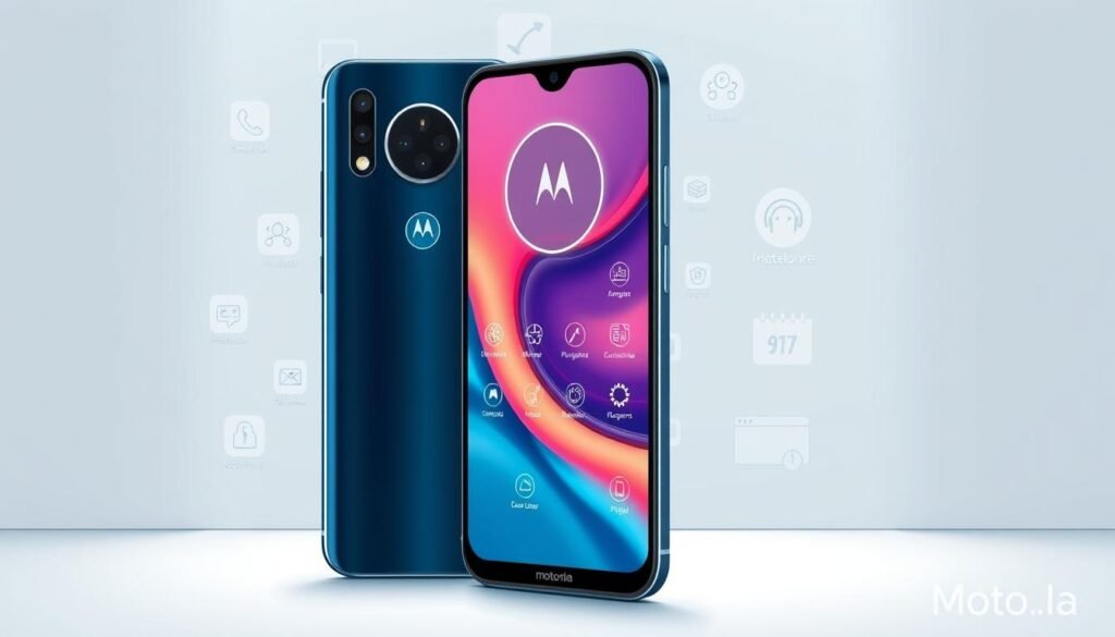 A high-quality, detailed illustration showcasing the pros and cons of the Motorola Moto G24 smartphone. In the foreground, a centered close-up view of the device from multiple angles, highlighting its sleek design, camera module, and display. In the middle ground, floating icons and pictograms representing key features, performance metrics, and user reviews. In the background, a minimalist gradient or material-inspired setting, conveying a sense of modern technology and consumer electronics. The overall mood should be informative, balanced, and visually appealing, with a focus on product analysis and evaluation.