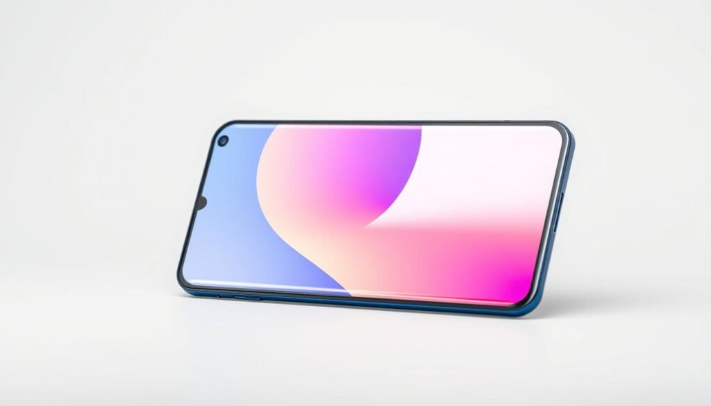 A high-quality, detailed image of the Samsung Galaxy A25 smartphone, displayed against a clean, minimalist white background. The device is centered and rotated slightly to showcase its sleek, modern design with a large, vibrant display and thin bezels. Subtle reflections on the glass surface create a sense of depth and materiality. The camera module is prominently featured, showcasing its multiple lenses and sensors. The overall composition is balanced and well-lit, with soft, diffused lighting that accentuates the product's premium aesthetics and highlights its key features.