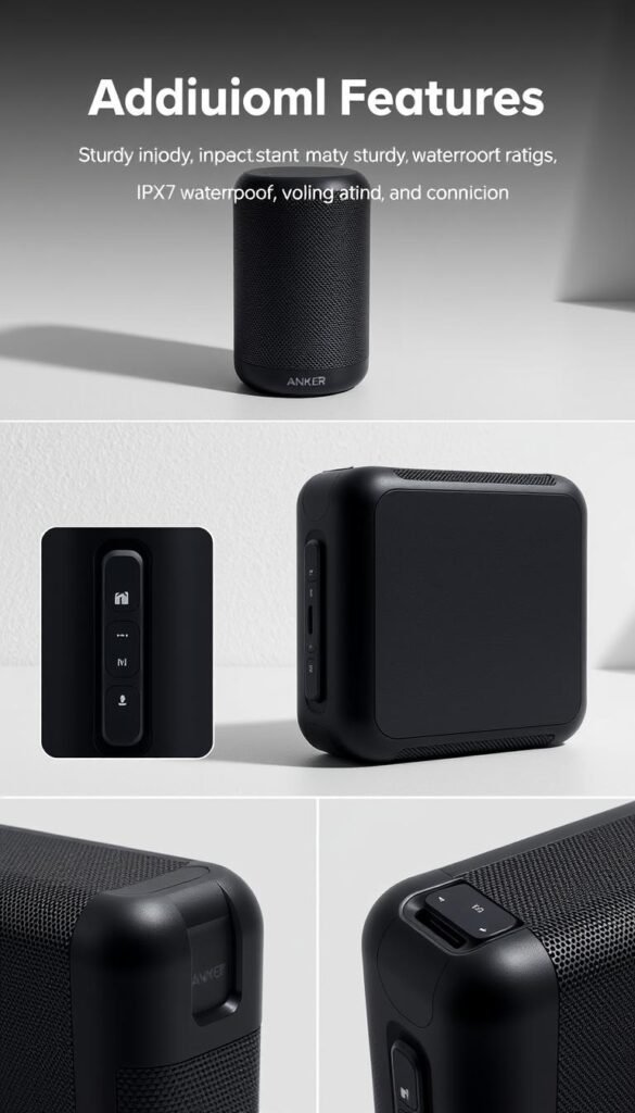 A high-quality, detailed image of the additional features of the Anker Soundcore 3 Bluetooth speaker. The image shows the speaker from various angles, highlighting its sleek, modern design and intuitive controls. Prominent features include the sturdy, impact-resistant body, IPX7 waterproof rating, and the array of buttons for play/pause, volume, and connectivity. The background depicts a minimalist, clean environment, with subtle lighting that accentuates the speaker's textures and finishes. The overall mood is one of sophistication and functionality, showcasing the Anker Soundcore 3's advanced capabilities for an immersive audio experience.