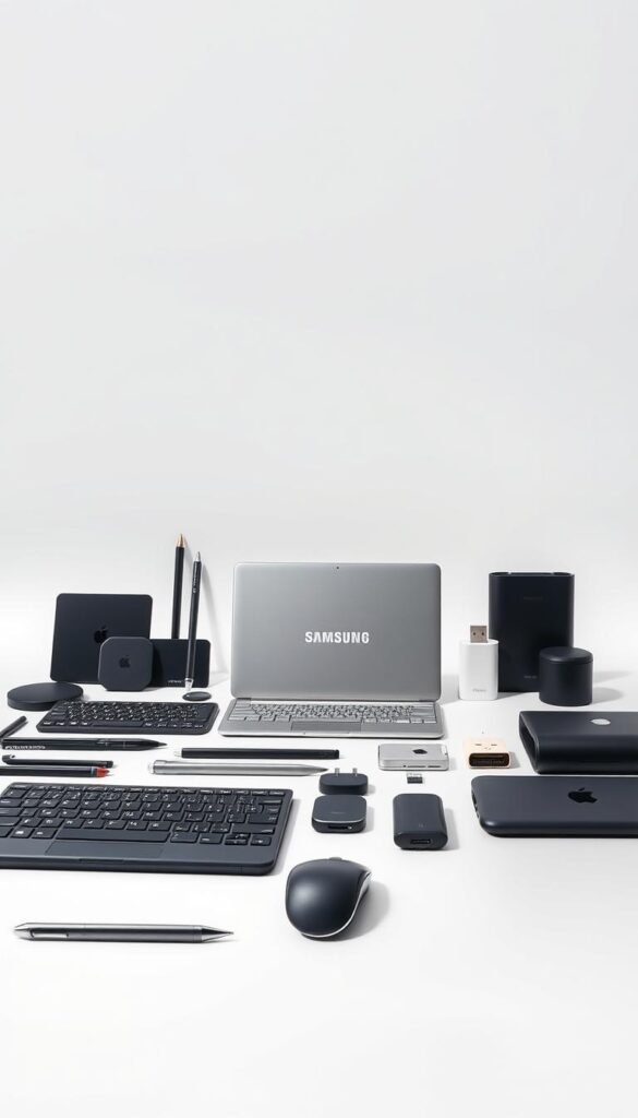A high-quality, detailed image showcasing an array of Samsung Book3 peripherals and accessories against a clean, minimalist background. The foreground features a diverse selection of sleek and modern-looking devices such as styluses, keyboards, mice, and adapters, all arranged in an aesthetically pleasing composition. The middle ground includes the Samsung Book3 laptop itself, displayed from an angle that highlights its slim, premium design. The background is a simple, subtly-textured surface, allowing the products to take center stage. Bright, directional lighting creates a sense of depth and emphasizes the fine details and finishes of the peripherals. The overall mood is one of sophistication, practicality, and technological prowess.