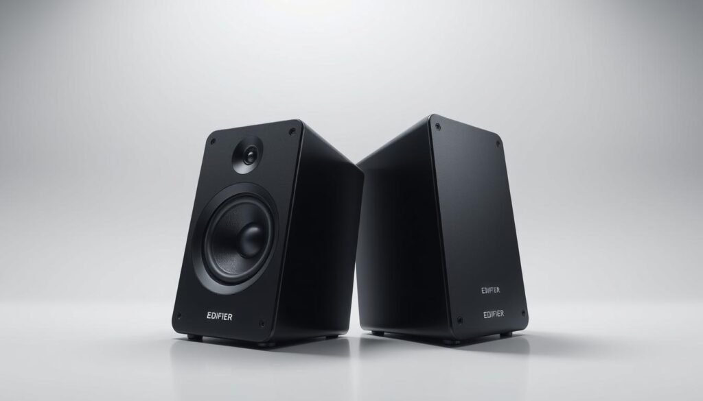 A high-quality, detailed product shot of the Edifier R1000T4 desktop speaker system, showcased in a well-lit, studio-style setting. The speakers are presented from an eye-level perspective, with a clean, minimalist background that allows the product to be the focal point. The casing has a sleek, matte black finish, and the drivers and ports are clearly visible, highlighting the technical design elements. Subtle shadows and reflections add depth and dimensionality to the image, conveying a sense of premium quality. The overall mood is professional, inviting the viewer to appreciate the speaker's aesthetic and imagine its performance capabilities.