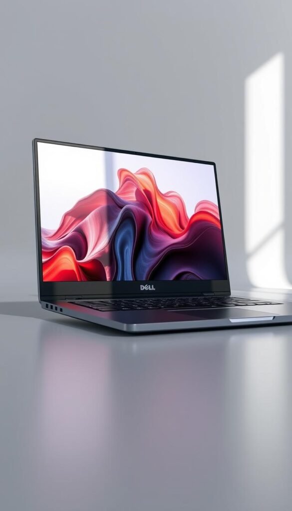 A high-quality, detailed render of the Dell Inspiron 15 3000 laptop, showcasing its sleek design and premium display. The laptop is depicted in a well-lit, studio-like setting, with natural lighting casting soft shadows and highlighting the laptop's metallic accents. The screen displays a vibrant, color-accurate image, reflecting the device's impressive visual capabilities. The laptop is positioned at a slight angle, allowing the viewer to appreciate its slim profile and sturdy construction. The background is a clean, minimalist space, keeping the focus on the device and its striking visual aesthetics.