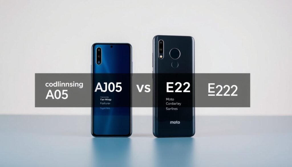 A high-quality, glossy comparison of two contemporary smartphones set against a clean, minimalist background. In the foreground, the Samsung Galaxy A05s and the Moto E22 are displayed side-by-side, their sleek designs and modern features highlighted by soft, directional lighting. The middle ground showcases the devices' key specifications and capabilities, rendered in a clear, legible font. The background maintains a subtle, blurred gradient, drawing the viewer's attention to the central products. The overall composition conveys a sense of sophistication and technological prowess, setting the stage for an in-depth exploration of the differences between these two versatile mobile devices.