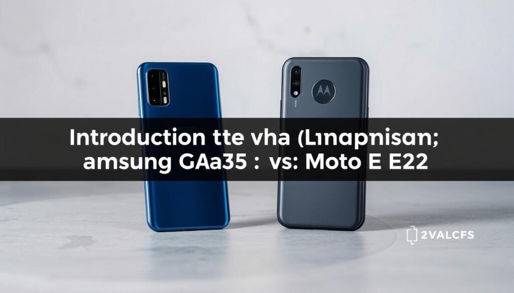 A high-quality photorealistic image of two modern smartphones, a Samsung Galaxy A35 and a Moto E22, side by side on a minimalist gray surface, with soft, even lighting illuminating their sleek, metallic designs. The smartphones are positioned at a slight angle, showcasing their distinct silhouettes and features in sharp detail. The background is blurred, creating a sense of depth and focus on the devices. The image conveys a sense of comparison and evaluation, suitable for an article section titled "Introduction to the Comparison: Samsung Galaxy A35 vs. Moto E22".