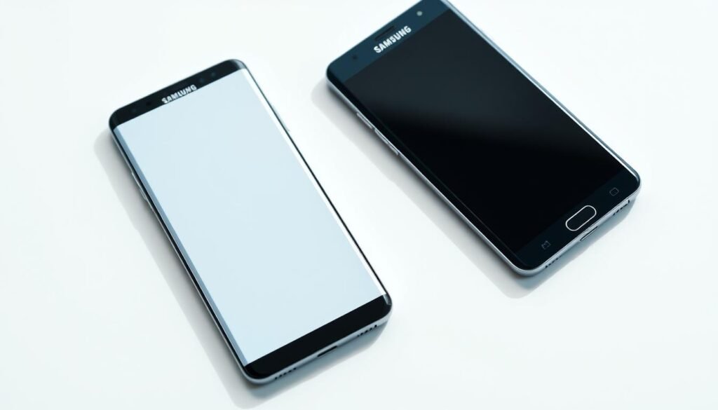 A high-quality product shot of two Samsung smartphones, one from the A series and one from the S series, arranged side-by-side on a clean, minimalist white background. The phones are well-lit from above, casting subtle shadows that highlight their elegant designs. The camera angle is slightly elevated, creating a sense of balance and symmetry. The phones are presented in a way that showcases their distinct yet complementary features, inviting the viewer to compare and contrast the two product lines.
