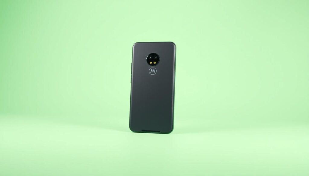 A high-quality studio photograph of the Motorola Moto G24 smartphone. The device is centered in the frame, with a clean, minimalist background that accentuates its sleek design. Crisp, even lighting illuminates the phone's matte finish, highlighting the textures and details of the hardware. The camera is positioned at a slight angle, capturing the phone's profile and showcasing its slim, modern silhouette. The overall mood is professional and showcases the device's performance-oriented features, aligning with the "Desempenho e Hardware" section of the article.