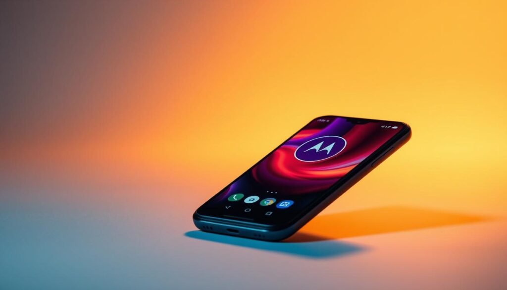 A high-quality, visually striking image of a Motorola Moto G24 smartphone, capturing the device from a dynamic angle that showcases its sleek design and vibrant display. The image should be illuminated by warm, diffused lighting that casts subtle shadows, giving the scene a sense of depth and dimensionality. The smartphone should be placed on a minimalist, neutral-toned surface, with the background gently blurred to keep the focus on the device. The overall composition should convey a sense of premium quality and attention to detail, reflecting the product's features and target market.