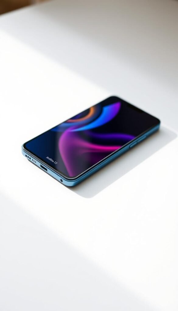A high-quality, well-lit product shot of the Xiaomi Redmi Note 13 smartphone. The device is placed on a clean, neutral-colored surface, showcasing its sleek design and vibrant display. The camera captures the phone from a slight low angle, highlighting its premium construction and attention to detail. The lighting is soft and diffused, casting gentle shadows that accentuate the phone's dimensions. The background is blurred, keeping the focus solely on the Redmi Note 13 and its elegant aesthetic. The overall mood is one of sophistication and technological allure, inviting the viewer to appreciate the device's impressive specifications and value proposition.