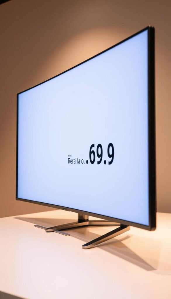 A high-resolution close-up shot of a Samsung QLED Q60C smart TV, displayed on a clean, white tabletop surface. The TV screen shows the current retail price in Brazilian Reais, prominently displayed with a clear, easy-to-read font. The frame of the TV is sleek and modern, with a thin profile and minimal bezels. The lighting is soft and diffused, creating a warm, inviting atmosphere that highlights the TV's premium build quality and vivid, color-accurate display. The composition places the price information in the center of the frame, with the TV taking up a majority of the image. The background is simple and uncluttered, allowing the product to be the sole focus of the viewer's attention.