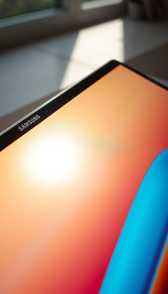 A high-resolution close-up shot of the display panel of the Samsung Book3 laptop, showcasing its vibrant and detailed screen. The display is illuminated by natural sunlight, casting a warm and flattering glow on the screen's surface. The camera is positioned at a slight angle, capturing the display's sleek, minimalist design and thin bezels. The image emphasizes the screen's clarity, color accuracy, and high contrast, highlighting the device's impressive visual fidelity for both productivity and entertainment. The overall composition places the display as the central focus, inviting the viewer to appreciate the Samsung Book3's exceptional display quality.