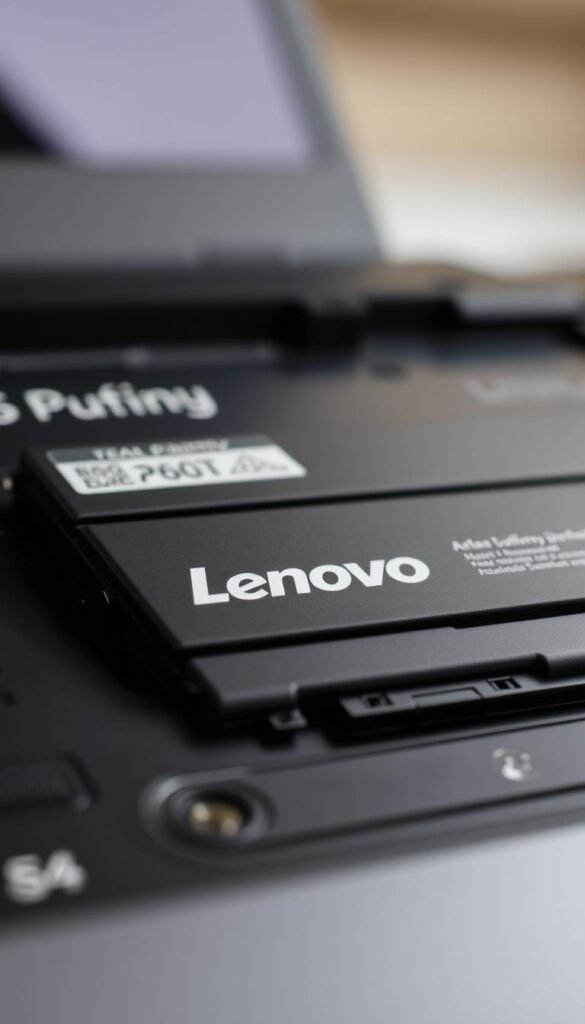 A high-resolution, detailed close-up image of the battery pack inside a Lenovo IdeaPad 3i laptop. The battery is prominently displayed in the center of the frame, showcasing its sleek, modern design with the Lenovo logo clearly visible. The lighting is soft and directional, creating a sense of depth and dimensionality. The background is subtly blurred, placing the focus entirely on the battery itself. The overall mood is one of technological sophistication and attention to detail, reflecting the quality and performance of the IdeaPad 3i.
