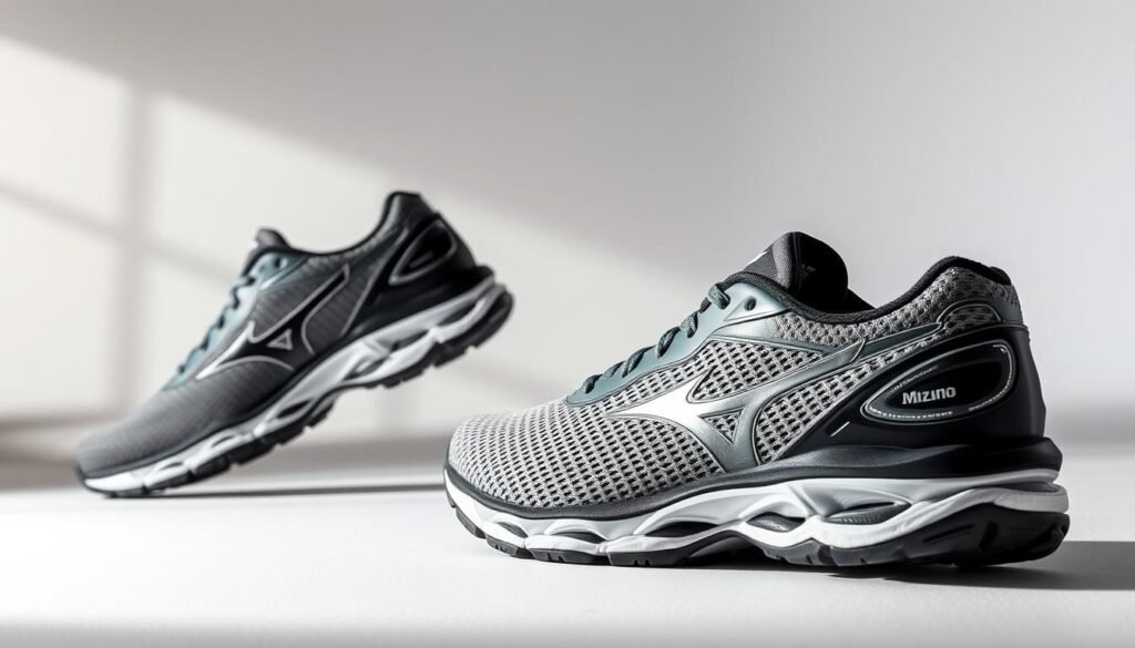 A high-resolution, detailed image of the Mizuno Wave Invictus 4 men's sneaker design. The shoe is shown in a well-lit, studio-style setting, showcasing its sleek and modern aesthetic. The foreground features a side profile view of the shoe, highlighting the unique Wave-inspired midsole design and the intricate textured upper. The middle ground reveals the shoe from the front, emphasizing the bold branding and the streamlined silhouette. The background is a clean, minimalist environment, allowing the shoe to be the focal point. The lighting is soft and directional, creating subtle shadows that accentuate the shoe's contours and materials, such as the mesh, synthetic overlays, and the high-traction outsole. The overall mood is one of sophistication and technical excellence, reflecting the advanced design and engineering of the Mizuno Wave Invictus 4.