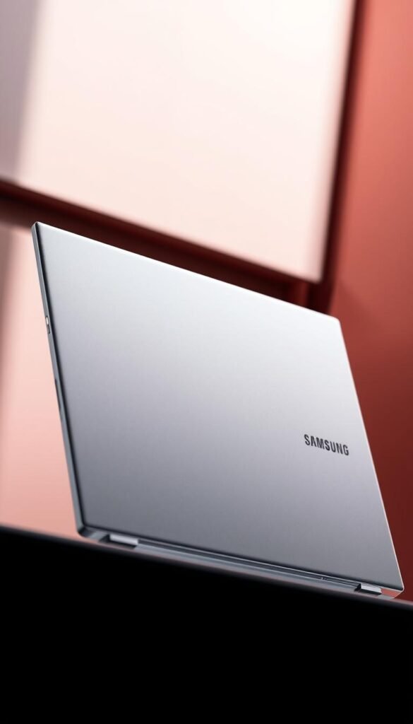 A high-resolution, detailed image of the Samsung Book3 laptop showcasing its key advantages. The device is positioned prominently in the foreground, showcasing its sleek, premium design with a matte metallic finish. The laptop is displayed from a slightly elevated angle, highlighting its thin and lightweight profile. The background features a soft, blurred gradient in complementary colors, creating a sense of depth and focus on the product. Subtle lighting from the side casts gentle shadows, emphasizing the laptop's contours and creating a sense of dimension. The overall mood is professional, modern, and aspirational, conveying the benefits and desirability of the Samsung Book3.