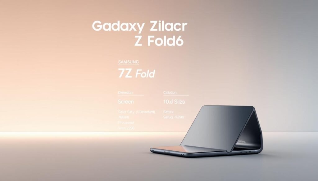A high-resolution, detailed render of the Samsung Galaxy Z Fold6 smartphone showcasing its key specifications. The device is positioned in the foreground, backlit by a soft, diffused light that accentuates its sleek, folding design and metallic finish. The middle ground includes technical details such as the phone's dimensions, screen size, camera setup, and processor information, presented in a clean, minimalist style. The background features a subtle, gradient-based environment that sets a professional, technology-focused atmosphere. The overall composition emphasizes the advanced engineering and premium nature of the Galaxy Z Fold6.
