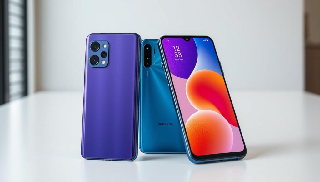 A high-resolution, photorealistic image of the Samsung Galaxy M14 and Moto E32 smartphones. The phones are positioned side-by-side on a clean, white surface with natural lighting from the left. The Galaxy M14 is in the foreground, showcasing its sleek design, triple camera array, and vibrant display. The Moto E32 is in the middle ground, highlighting its modern aesthetic and dual camera setup. The background is slightly blurred, maintaining the focus on the two devices. The overall mood is professional, highlighting the key technical specifications and design elements of these two mid-range smartphones.