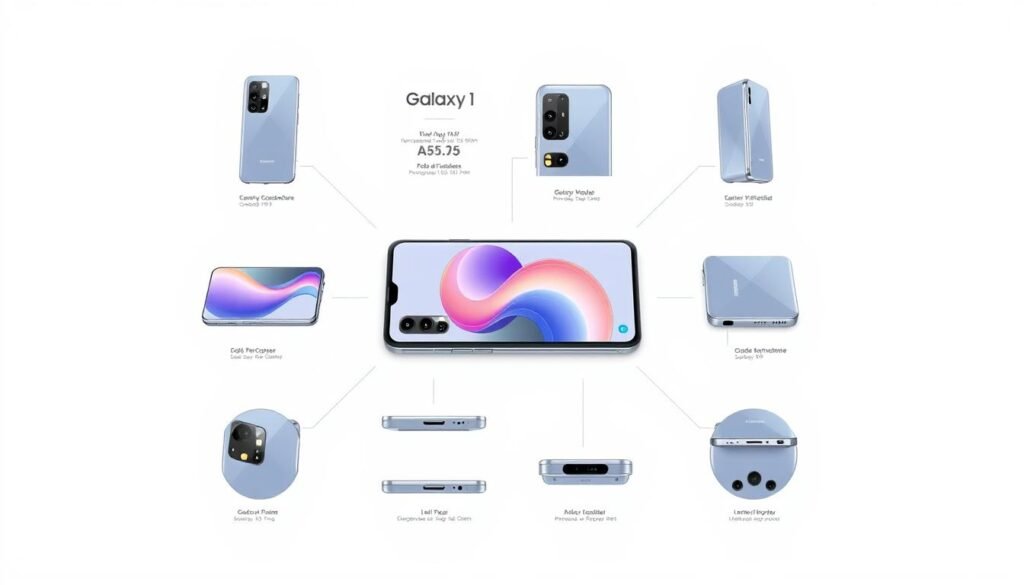 A highly detailed, large-format technical illustration of the Samsung Galaxy A55 smartphone, showcasing its key specifications and design features. The device is centered and displayed in a clean, minimalist layout against a plain white background, allowing the product to be the focal point. The illustration should capture the device from multiple angles, including a side profile, top-down view, and close-ups of the camera module, ports, and other notable elements. The rendering should be meticulously detailed, with precise depictions of the device's materials, textures, and colors. Lighting should be neutral and evenly distributed, creating a sense of technical precision and clarity. The overall mood should be one of informative professionalism, suitable for use in a product introduction or specifications section of a tech article.