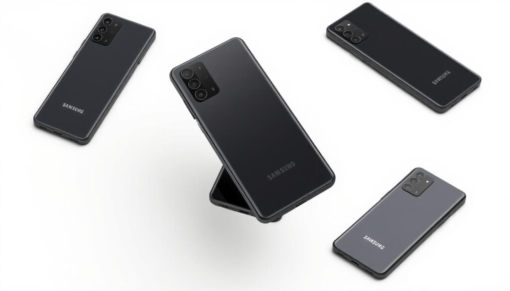 A highly detailed, photorealistic 3D render of the Samsung Galaxy A05s smartphone from multiple angles. The device is shown in a sleek black color variant, with a prominent camera module on the back and a smooth, curved design. The display is turned off, showcasing the minimalist front panel with a small notch. Soft, directional lighting accentuates the phone's clean lines and metallic accents. The background is a simple studio setup with a white seamless paper backdrop, providing a clean, professional look. The composition emphasizes the phone's design, construction, and premium materials, aligning with the article's focus on the device's aesthetic qualities.
