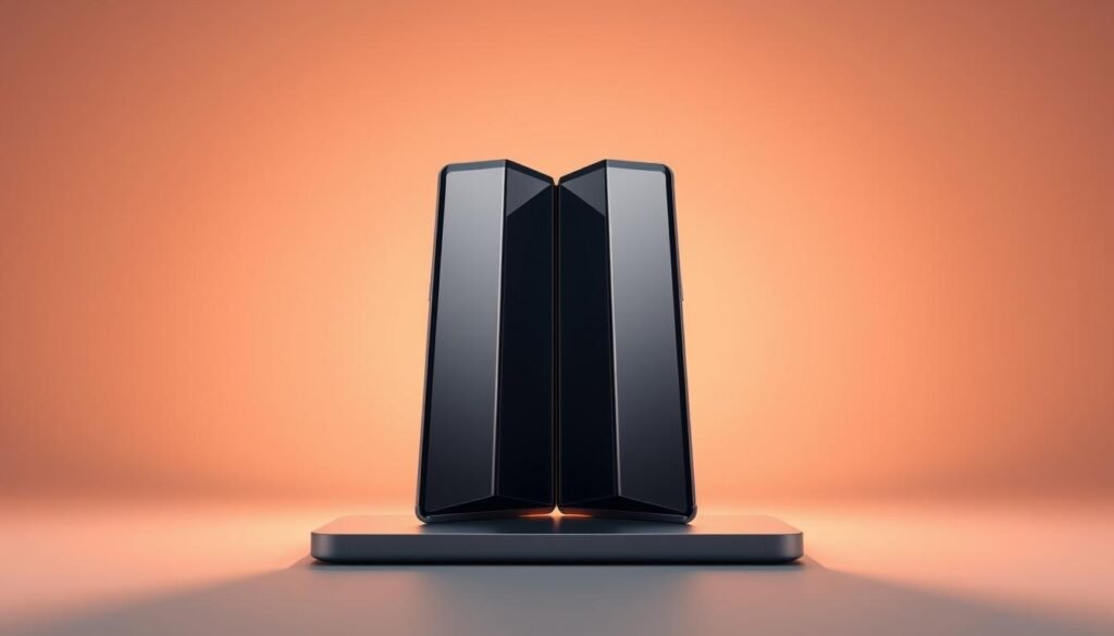 A highly detailed, photorealistic image of the Samsung Galaxy Z Fold5 smartphone. The device is centered in the frame, showcasing its striking folding display design with precision. The foldable screen is open, revealing the large inner display. The phone's sleek, metallic body is finished in a subtle, muted tone that complements the clean, modern aesthetic. Subtle ambient lighting from the front casts warm, diffused illumination across the device, highlighting its premium build quality and elegant lines. The background is minimalist, allowing the Galaxy Z Fold5 to be the focal point, presented in a manner that emphasizes its advanced technological capabilities and sophisticated design.